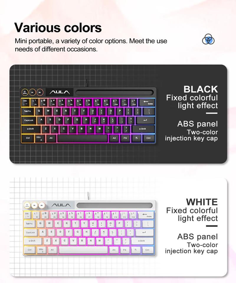 AULA F3061 mini wired keyboard, 61-key layout, plug and play, cool lighting, 22-key no impact, ergonomic design, simple and portable, compatible with Windows/Mac system equipment connection, RGB Backlit Keyboard