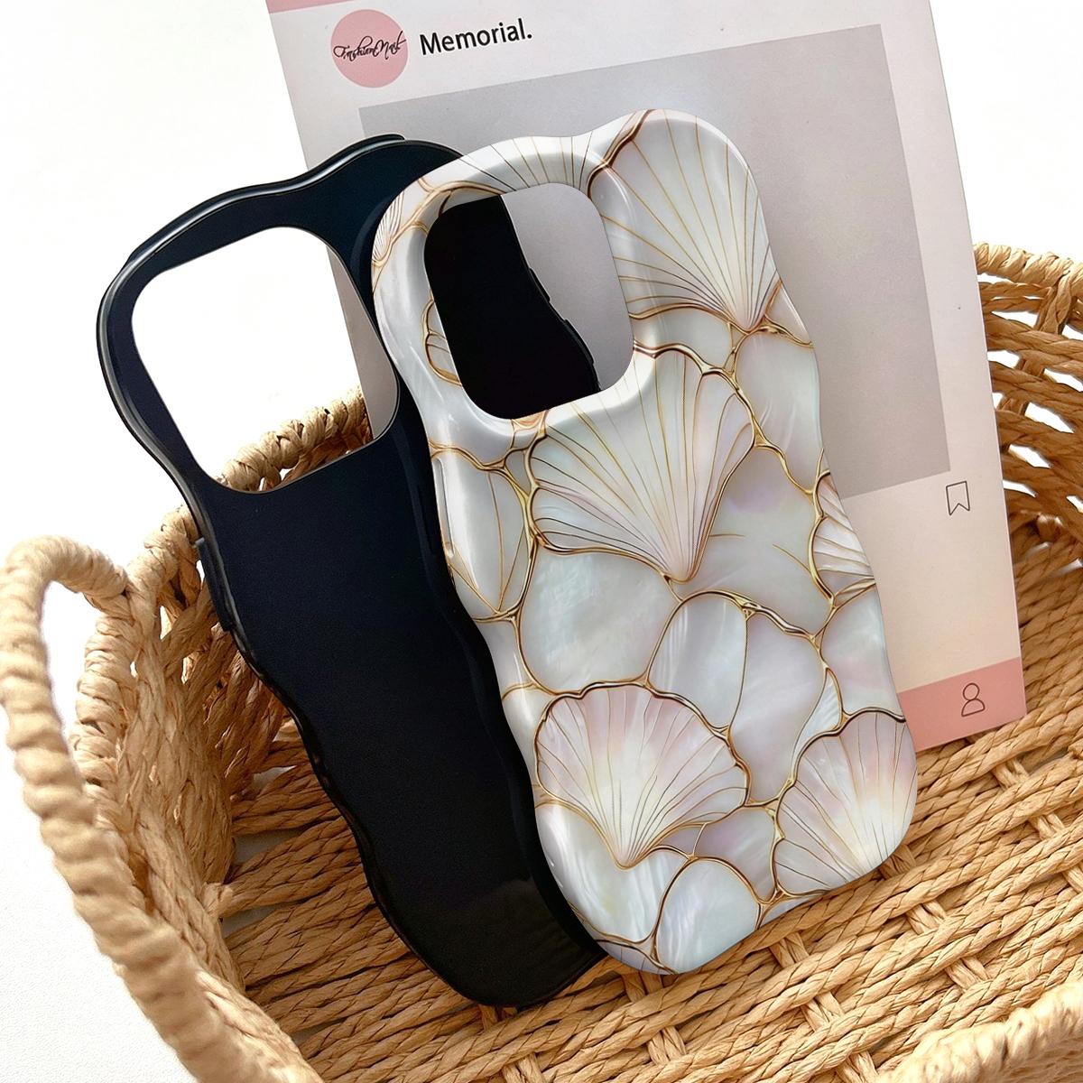 Shockproof Protective Smartphone Case for 6.1-6.7" Phones, Dual PC+TPU Blend with 2D Pearl Shell Ginkgo Leaf Golden Line Print, Marble Design, Camera Cover, Wavy Curved Raised Edges, Glossy Finish, Non-Slip, Easy Installation, Aesthetic Boost