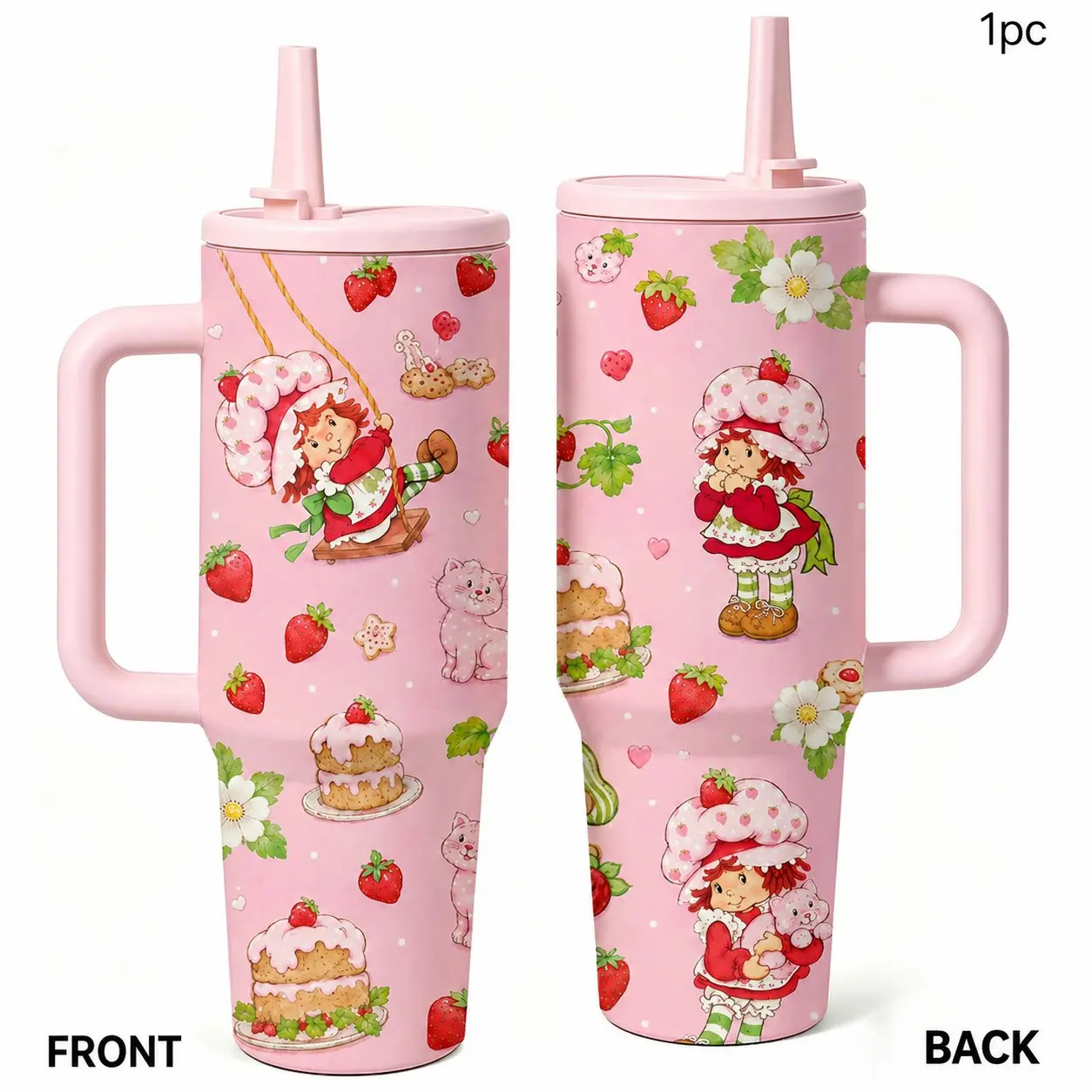 1PC 40oz Strawberry Girl Cake Cat Floral Insulated Tumbler with Handle & Straw, Leak-Proof Lid, Double Wall Vacuum Stainless Steel Travel Mug, Hot 12H Cold 24H, Large Capacity Cup for Men and Women, Birthday Gift