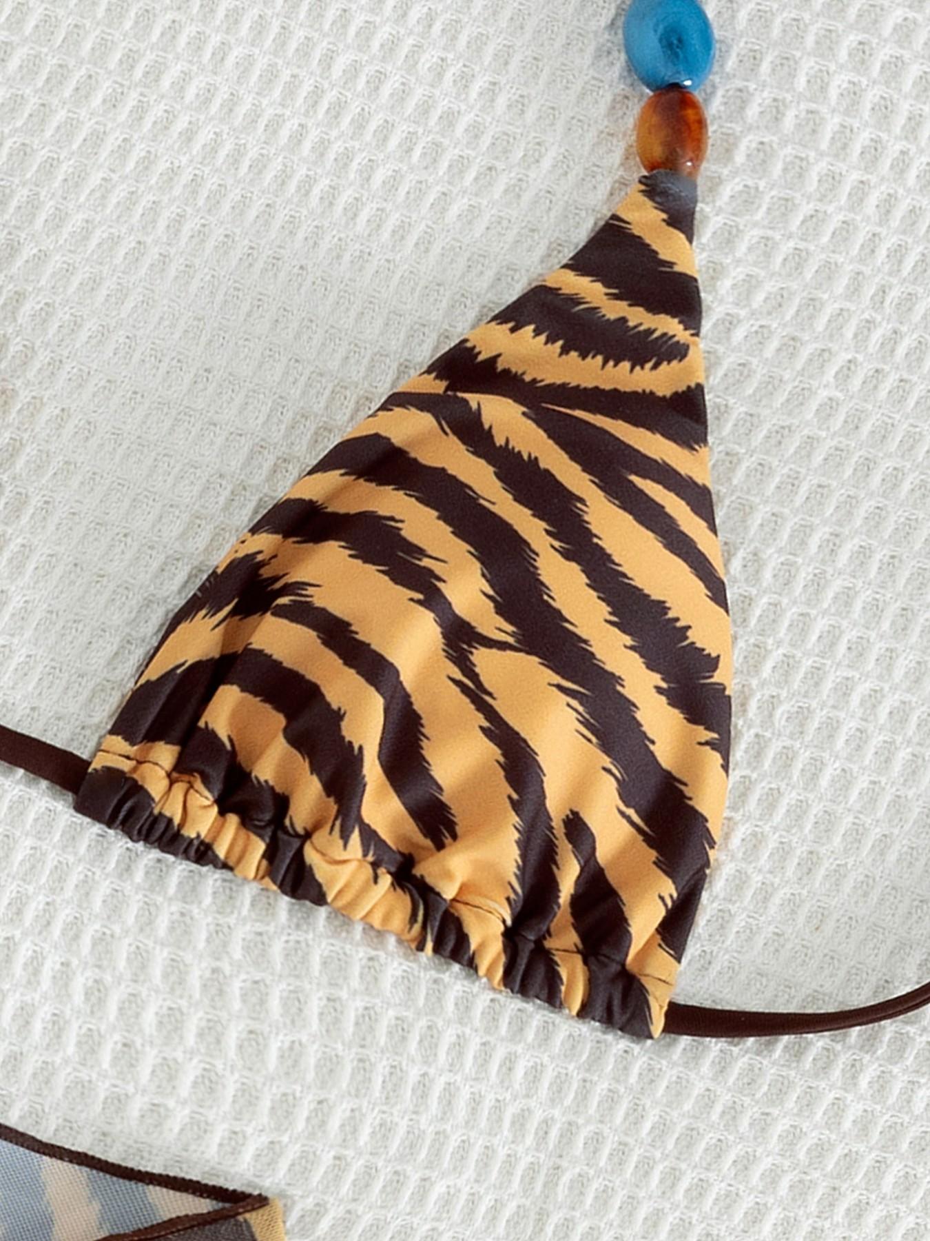 Women's summer beach brown three-piece tie back bikini suit, tiger skin print triangle halter top and side lace-up bottoms plus mesh skirt, seductive sexy swimsuit suitable for women, holiday pool party fashion swimsuit, Wrapped Bikini Set