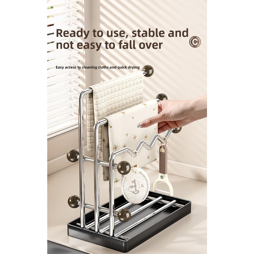 Kitchen stainless steel countertop organizer, household multi-layer storage rack with drain tray, rag holder, corner shelf for countertop, kitchen organizer, kitchen storage rack