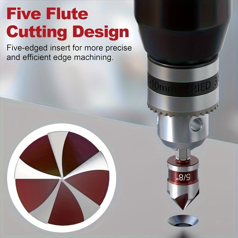 5-Piece HSS Countersink Drill Bit Set (with 1/4", 3/8", 1/2", 5/8", 3/4" hex shanks), 82-degree high-speed steel 5-flute quick-change hex shank, suitable for drilling in metal, plastic, wood, PVC and cement