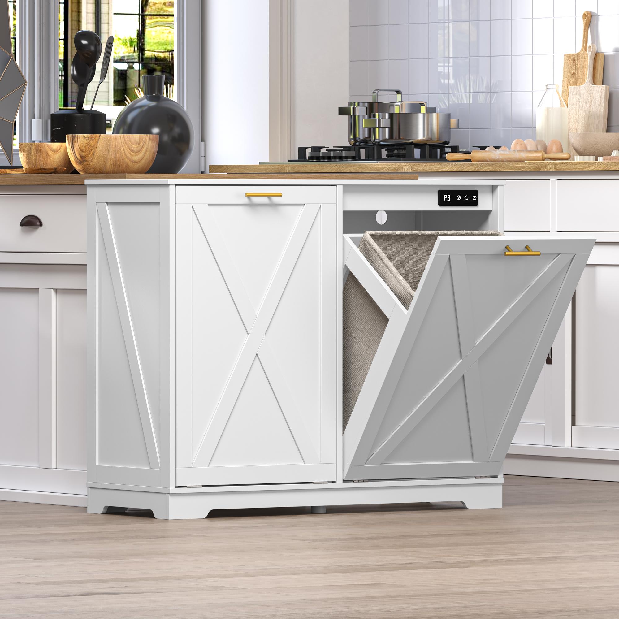 Tilt Out Trash  Cabinet for 2 Bins, Hidden Recycle Garbage Bin Enclosure, Wooden Double Laundry Cabinet with Odor Control, Negative Ion & Ozone, for Kitchen, Bathroom, Laundry Room