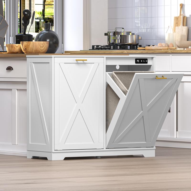 Tilt Out Trash  Cabinet for 2 Bins, Hidden Recycle Garbage Bin Enclosure, Wooden Double Laundry Cabinet with Odor Control, Negative Ion & Ozone, for Kitchen, Bathroom, Laundry Room