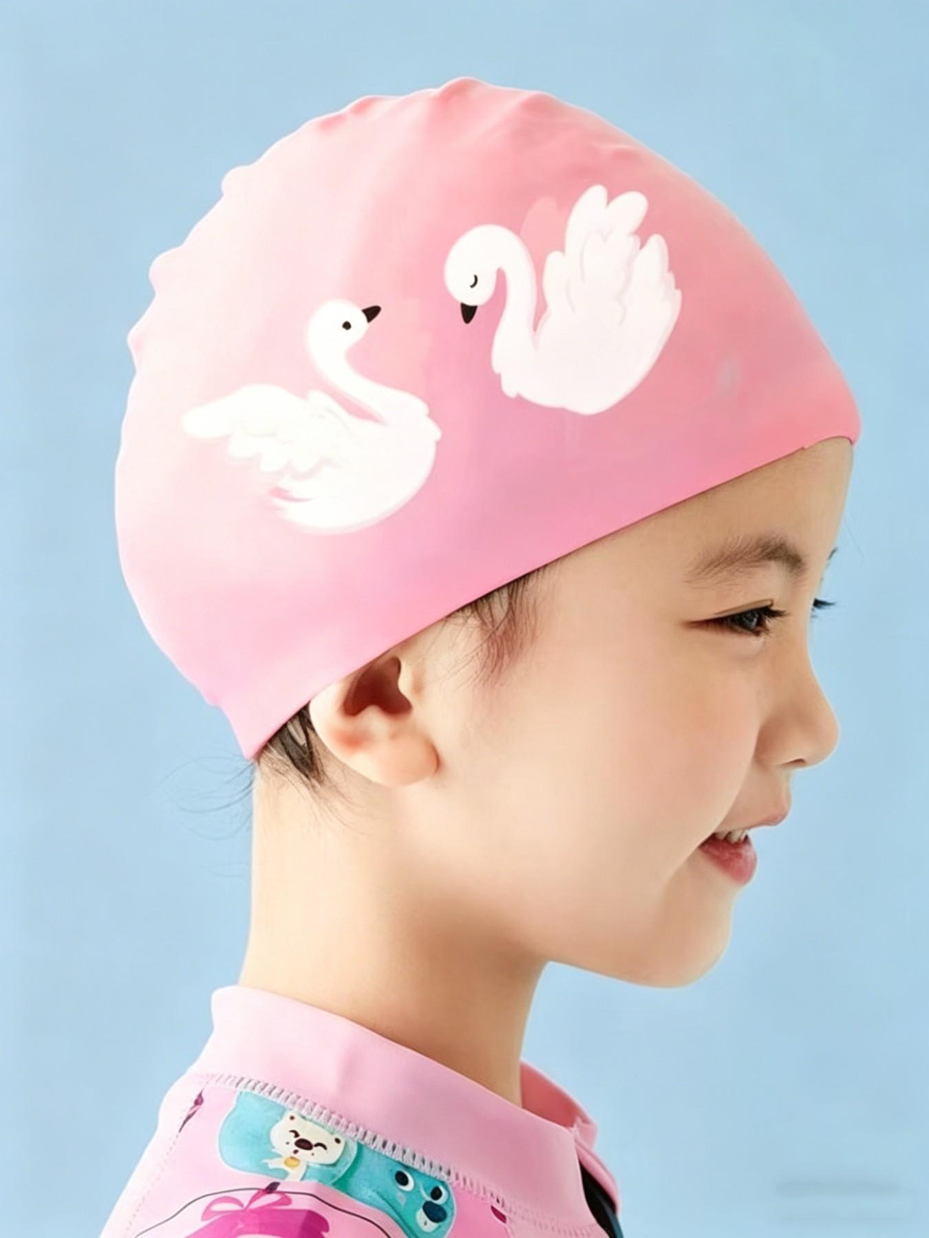 Silicone Swim Cap, Waterproof, Non-Irritating, Unisex, Large Size, High Elasticity, Cartoon Swan Print, Ideal for Boys and Girls