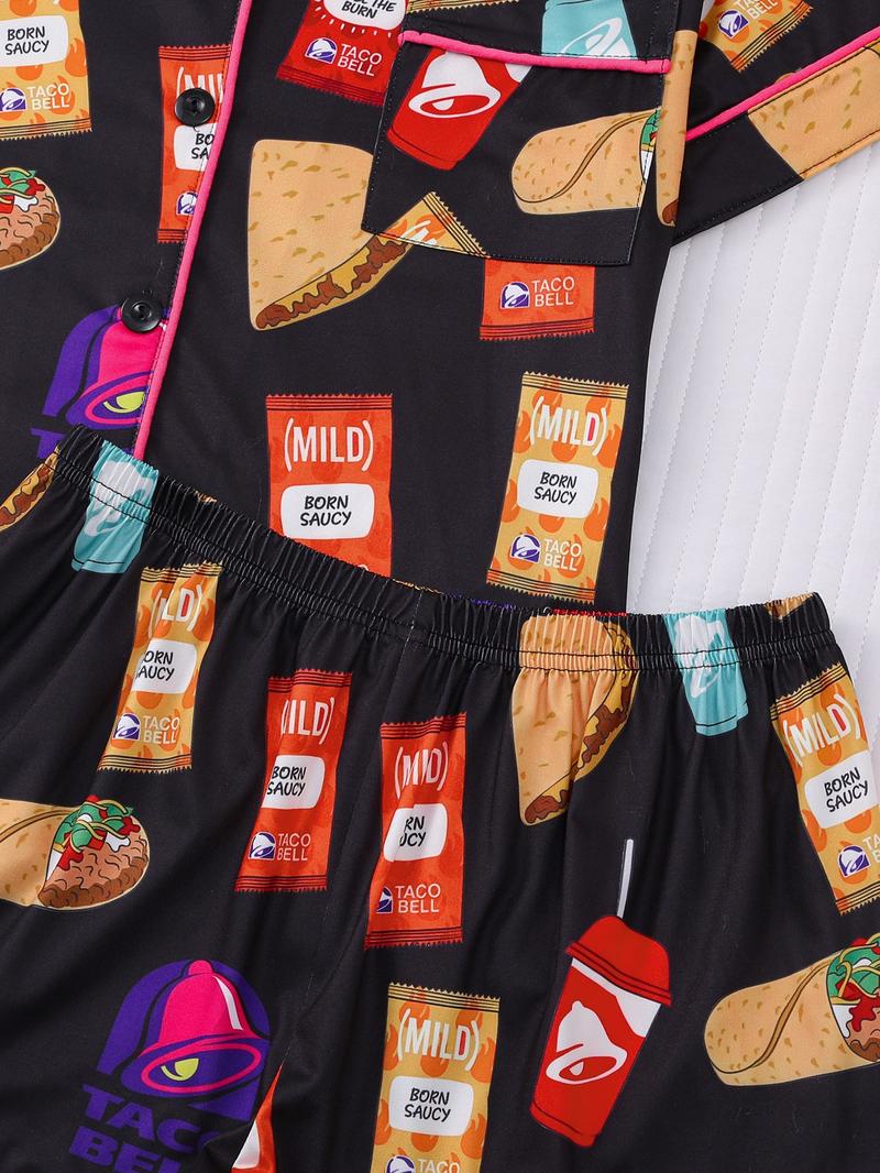 Women's 2-Piece Full-Body Snack & Beverage Print Sleepwear Set (Short Sleeve & Shorts) - Soft Comfort Top with Small Pockets, Turned-Down Collar, Button Closure, Elasticated Waistband, Suitable for Year-Round Home Wear - Button Front Shorts Pj Set