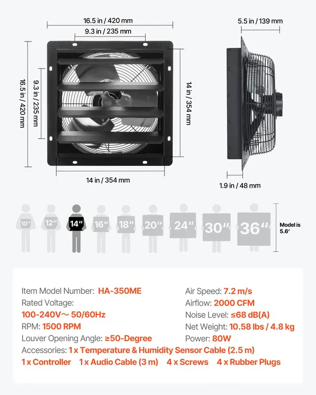 【toolupgrade】14 inch Shutter Exhaust Fan, Wall Mounted Attic Vent Fan with Smart Programming Variable Speed Temperature Control, 2000 CFM, EC Motor, Timer, for Shed, Garage, Greenhouse Ventilation Cooling, Black