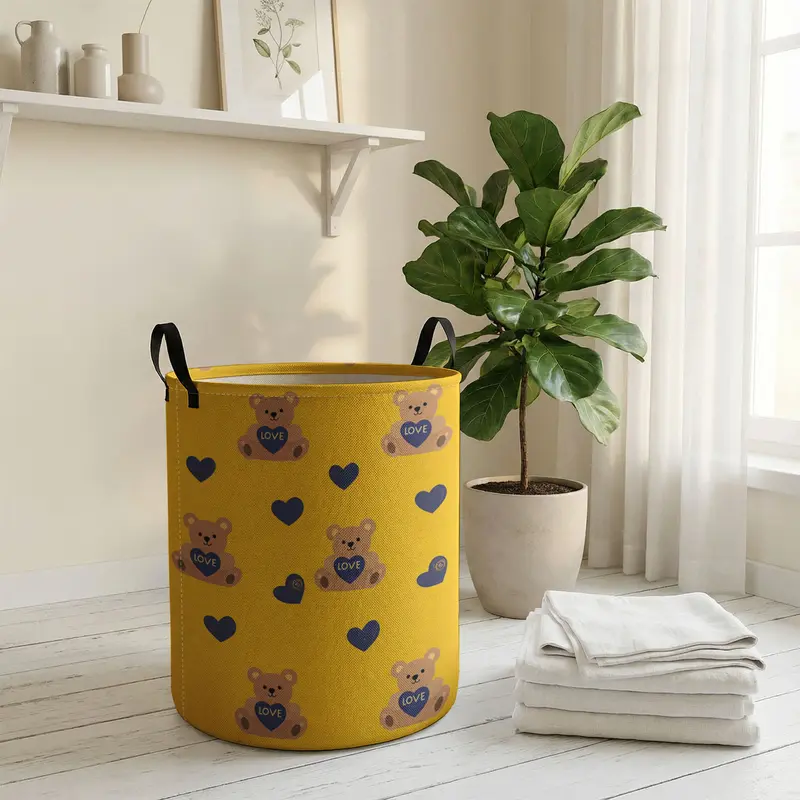 Valentine's Day Toy Bear Print with Handle, Durable Halloween Foldable Dirty Clothes Storage Bin, Large Capacity, Collapsible Laundry Hamper