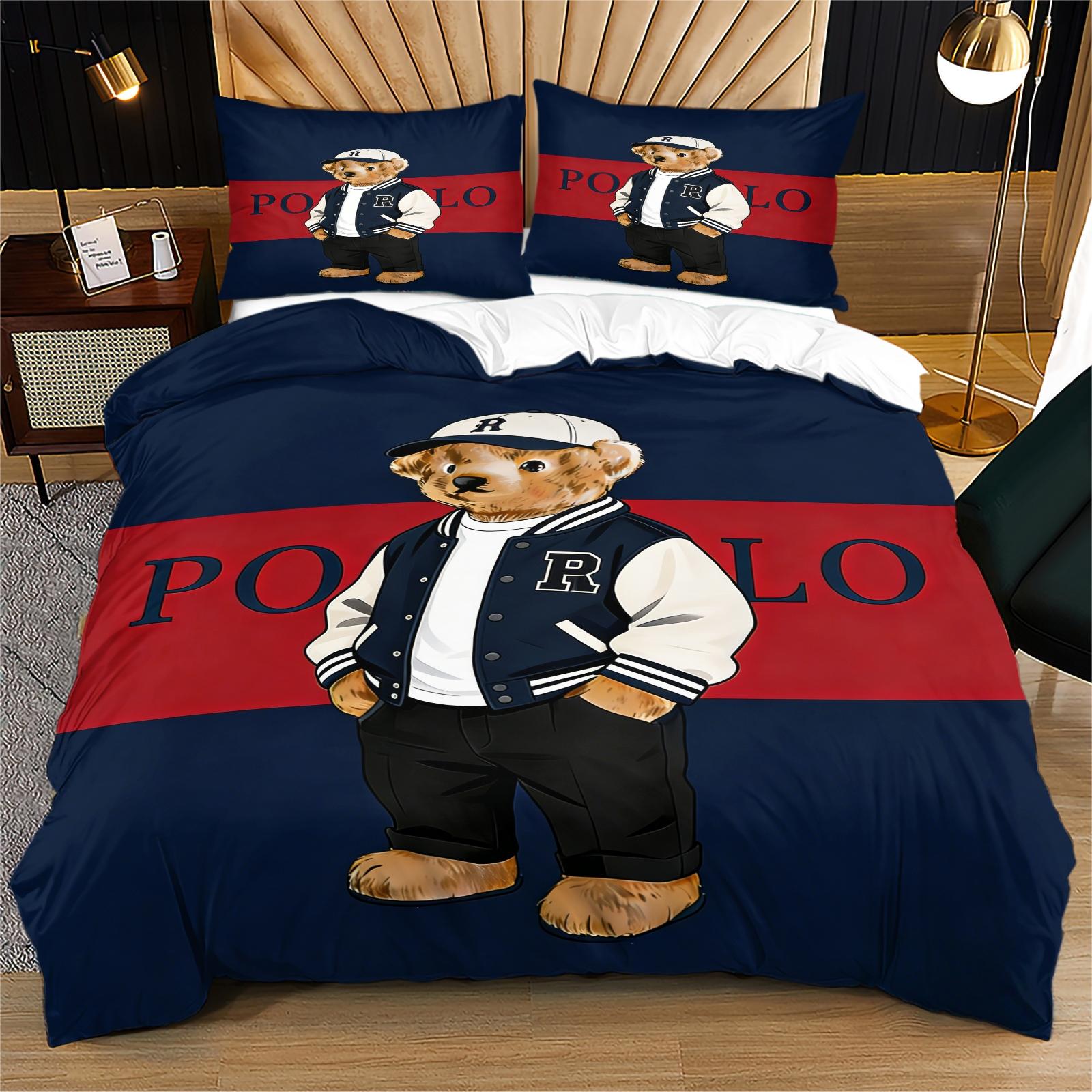 Striped Bear Pattern Print Soft and Durable Bedding Set, Includes 1 Duvet Cover and 1 or 2 Pillowcases, Excludes Quilt and Pillow Inserts, Suitable as Gifts for Teens and Adults, Modern Stylish Bedroom Bed Decorations