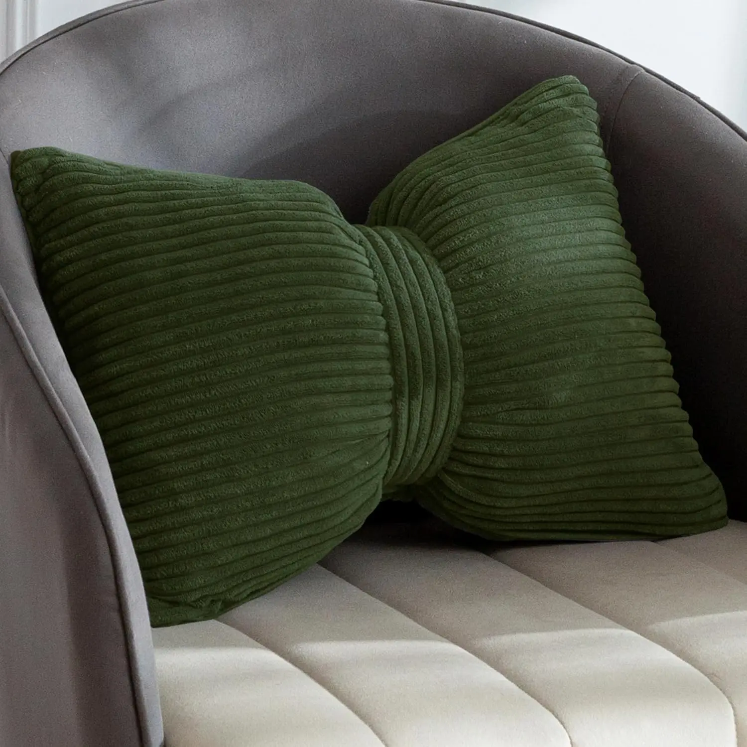 Support Pillow for Recliner Chair, Bow Knot Shaped  Support Cushion, Striped Corduroy Soft Decorative  Pillow for Office Chair, Sofa, , Bed, Living Room - Dark Green