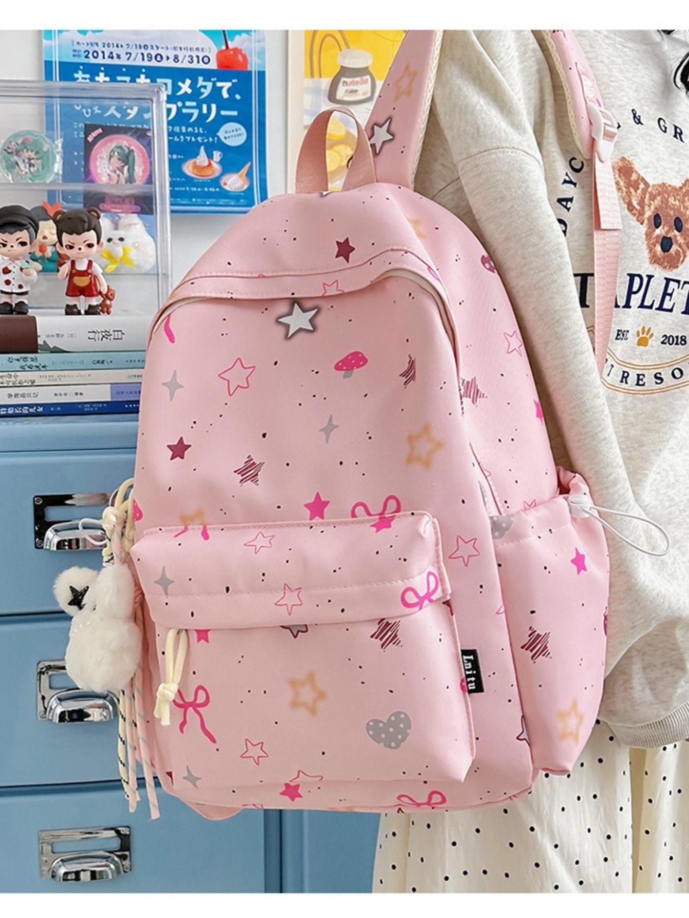 Cute Star Heart Print Backpack for Women, Fresh Casual Large Capacity Student Bag, Lightweight Nylon Travel Backpack