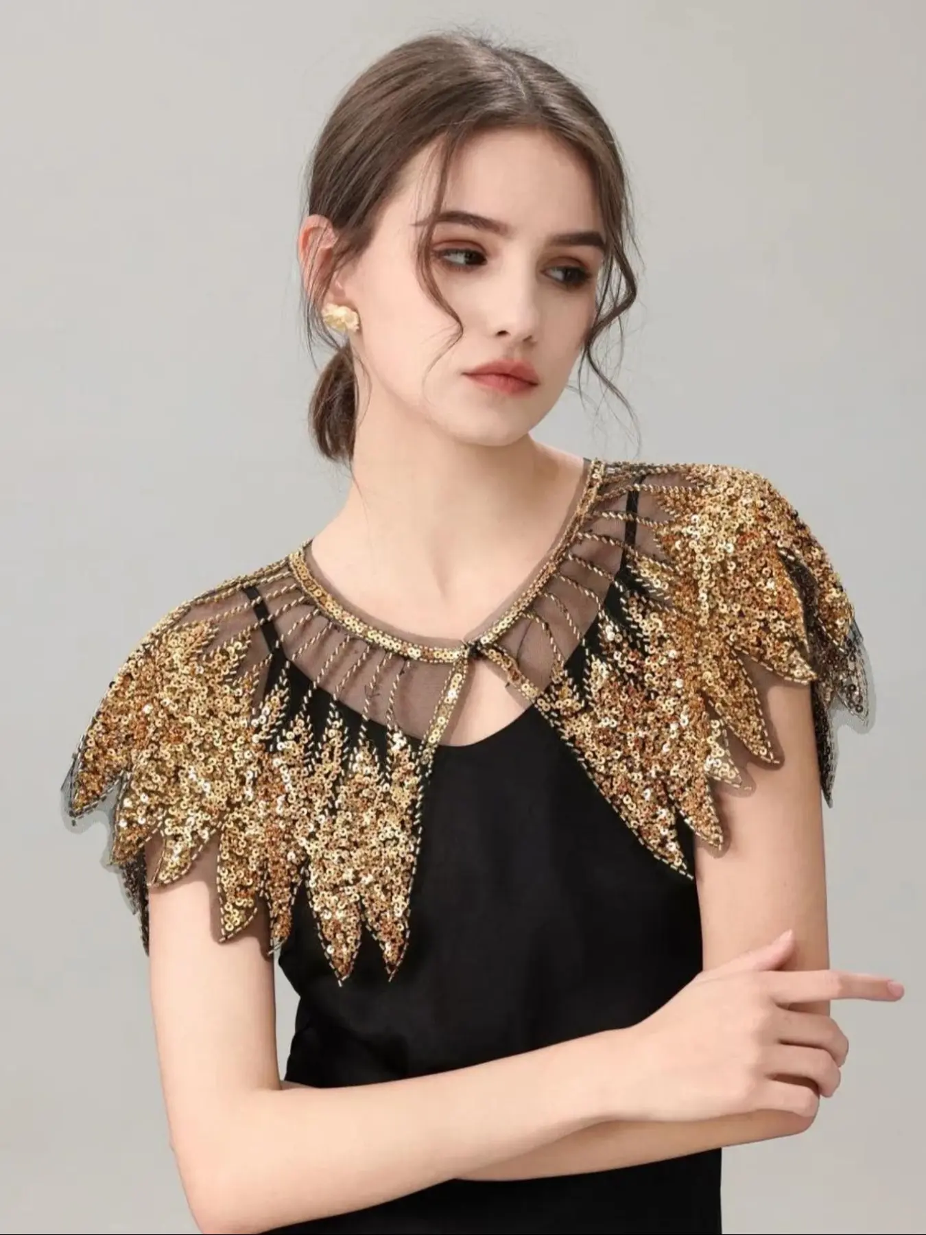 Sequined Beaded Vintage Polyester Mesh Evening Gown Shawl, Perfect for Weddings, Parties, Banquets, Hand Washable, Retro Elegance