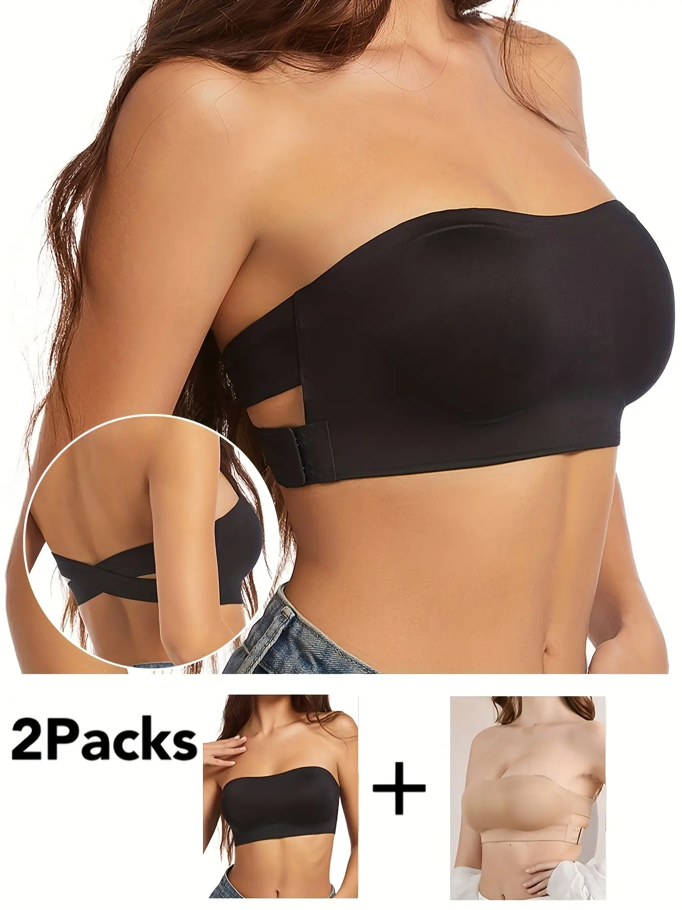 2-piece wireless strapless bra with detachable chest cushion, sexy cross tie details, nylon material, elastic and breathable, invisible solid color
