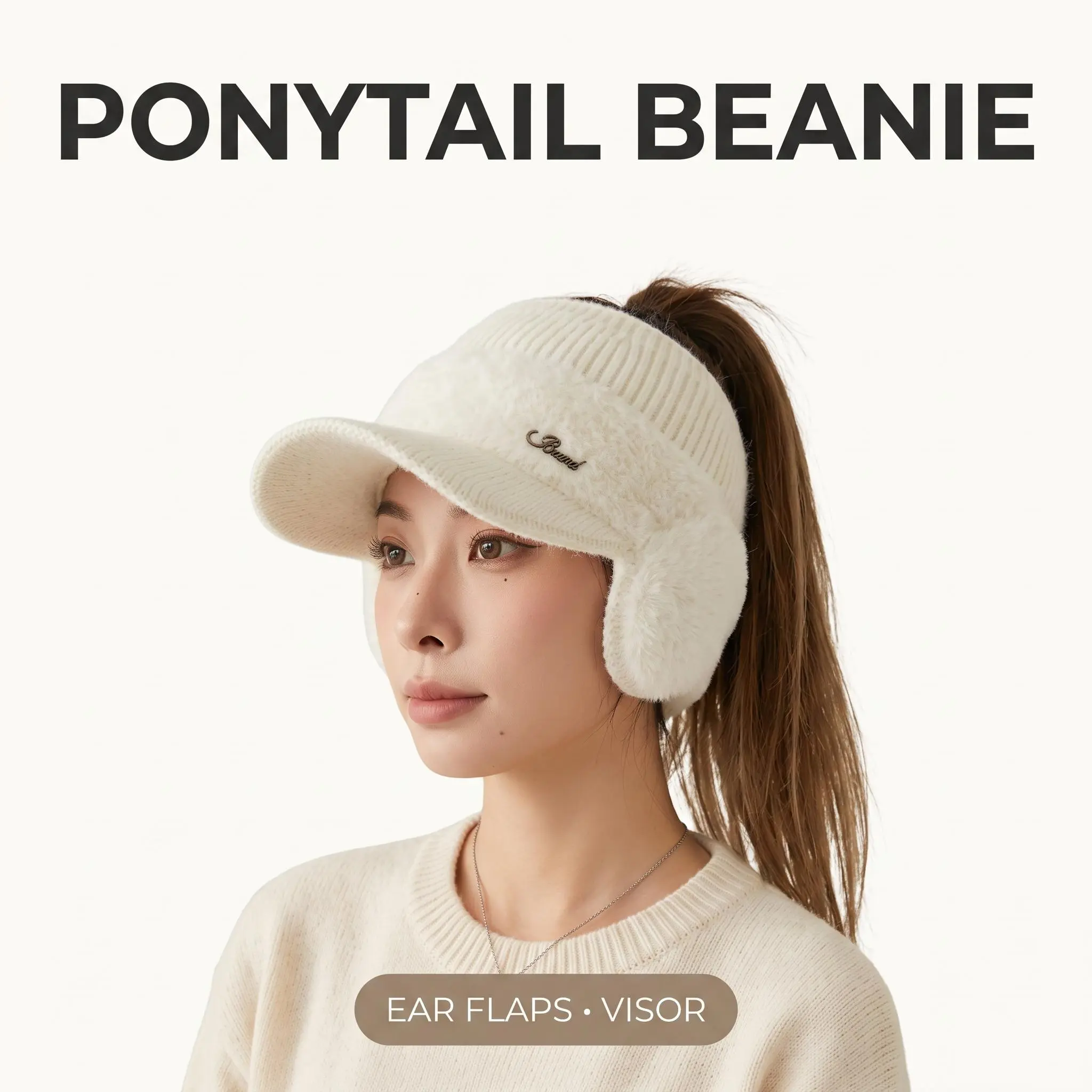 Women's Ponytail Beanie Cap - Open Top Winter Sports Hat with Ear Flaps, Visor Brim, Faux Fur Panels, Ponytail Hole, One Size Fit, Unisex Wear, Warm Knit for Cold Weather Outdoor Activities