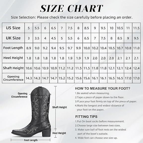 IUV Cowboy Boots For Women Western Style Embroidered Pointy Toe in Black PU Leather 2.0 Inches Heel Comfortable Synthetic Lining Slip-On Design