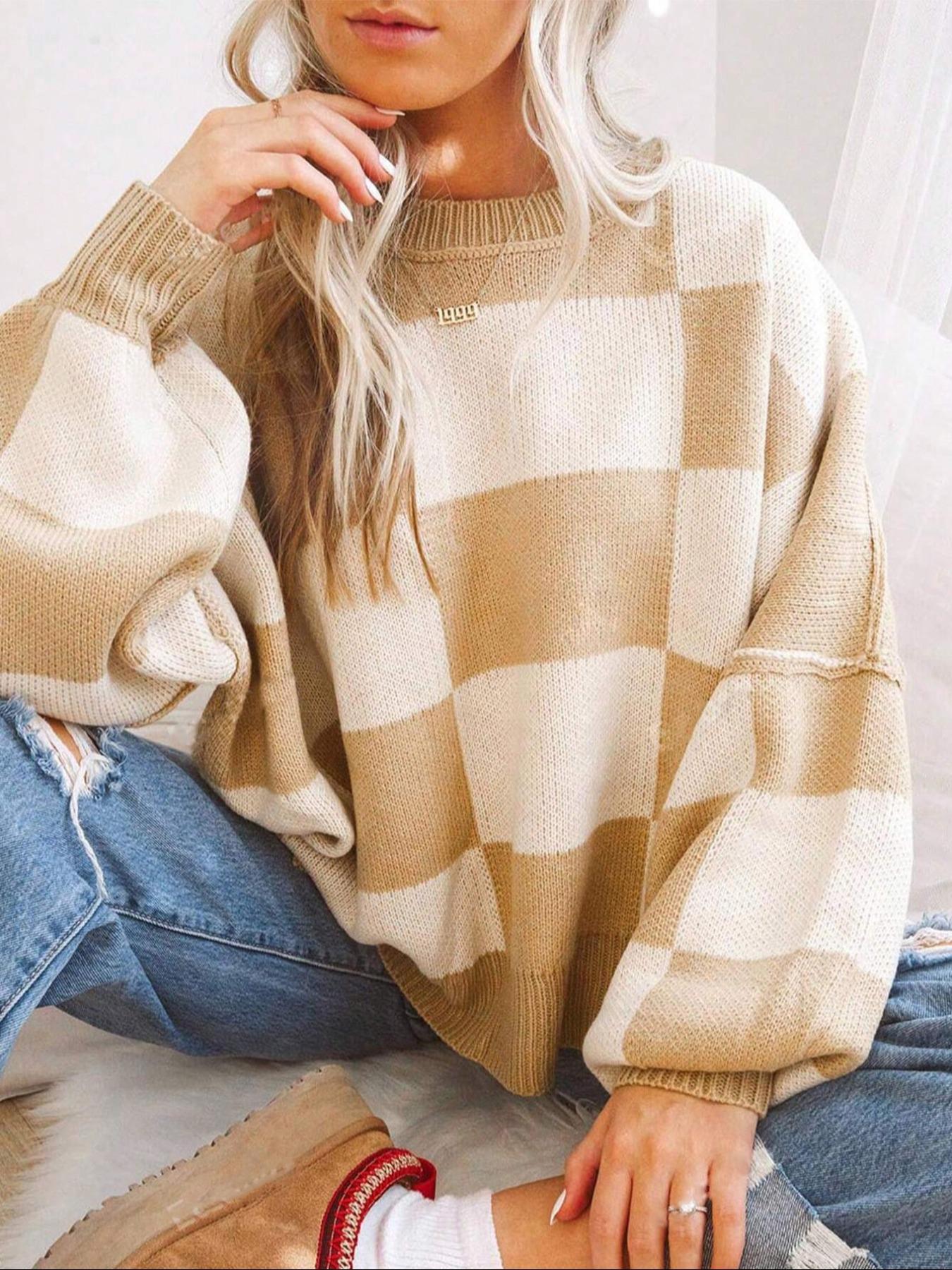 Plus Size Plaid Drop-Shoulder Knitted Sweater, Casual Long-Sleeve Knitwear Womenswear for Fall & Winter, Loose-Fitting Round Neck Pullover for Women