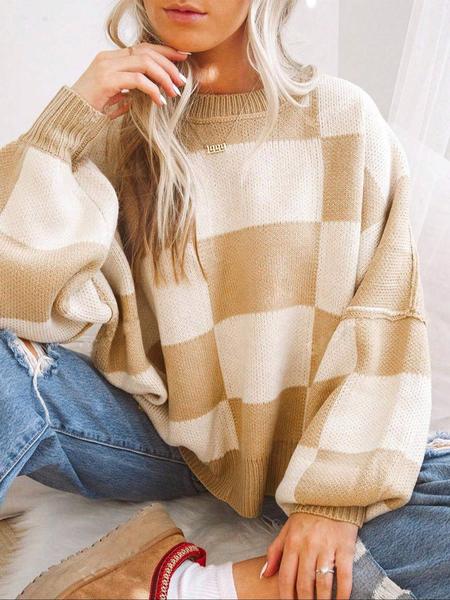 Plus Size Plaid Drop-Shoulder Sweater, Casual Long-Sleeve Knitwear for Fall & Winter, Loose-Fitting Round Neck Pullover for Women
