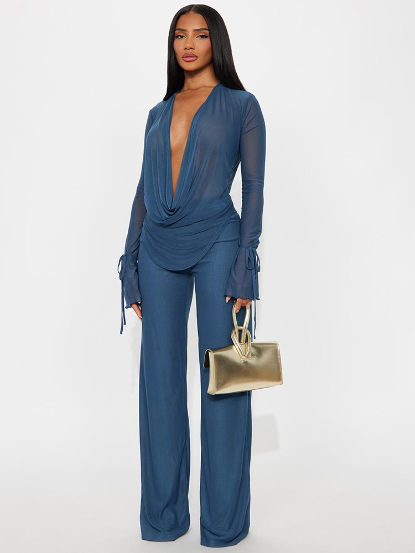 Women's Fashion Casual Two-Piece Set, Deep V Mesh Top & Wide Leg Pants, Trendy Long Sleeve Tie Design, Perfect for Daily Wear