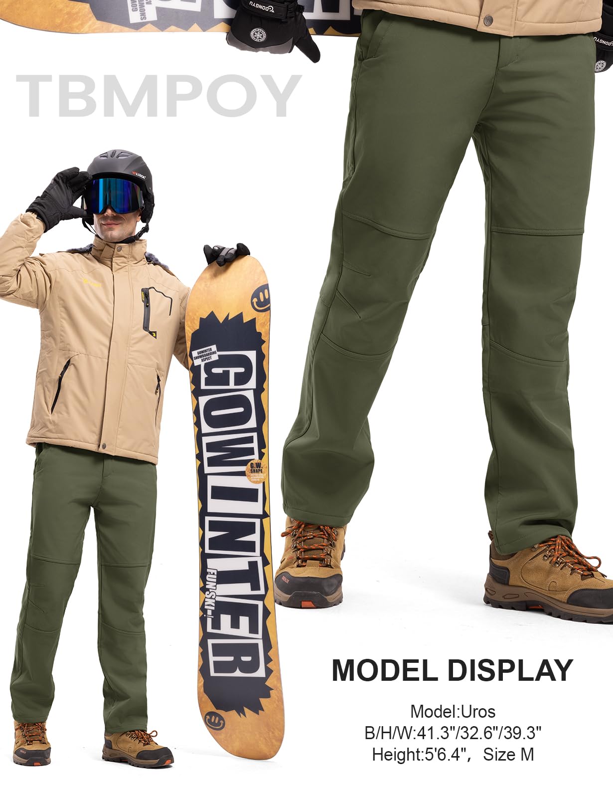 TBMPOY Men's Outdoor Hiking Ski Waterproof Fleece Lined Pants With Belt For Hiking,Fishing, Hunting,Skiing, Camping, Cycling, Shopping