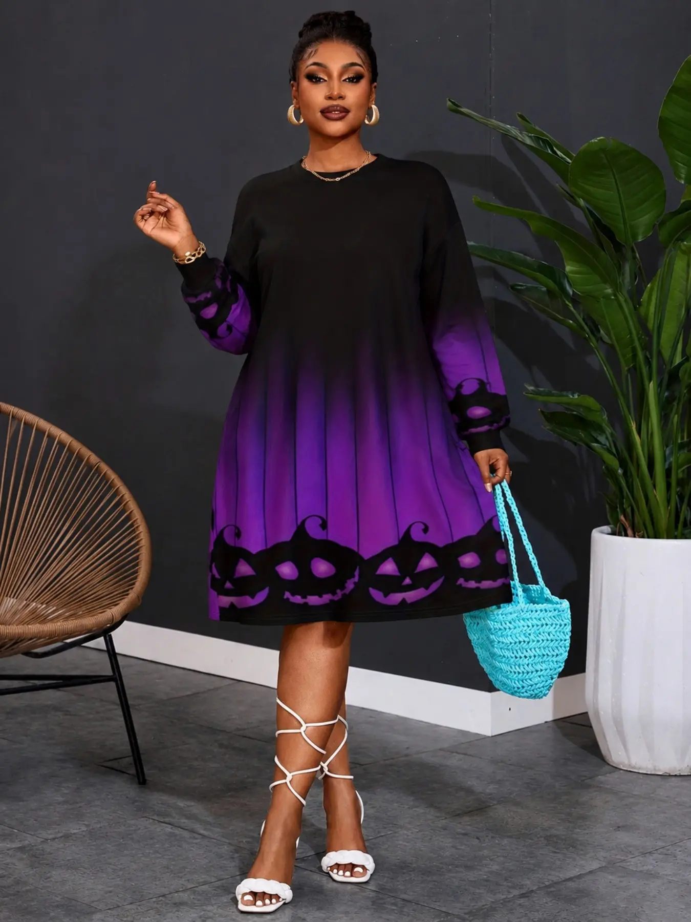Halloween Pumpkin Print Fashion Casual Long Sleeve Dress Ly8696, Stylish Halloween, Comfortable and Trendy Design, Perfect for Festive Occasions