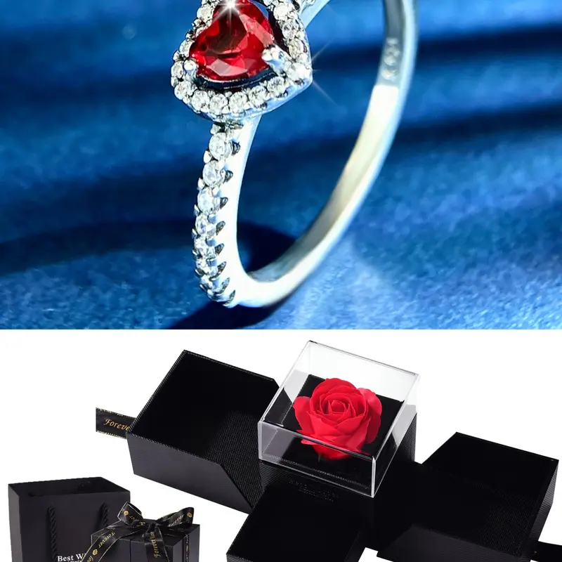 Fashion Heart Zircon Ring for Women, Perfect for Dates, Engagements, Weddings, Birthday Gifts, Elegant Rose Box Included, Heart Shaped Ring