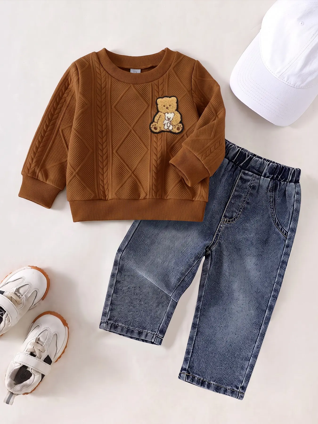 Two-Piece Boys' Spring & Fall Fashion Set, Bear Sweatshirt and Soft Denim Jeans, Casual Loose-Fit for Kids