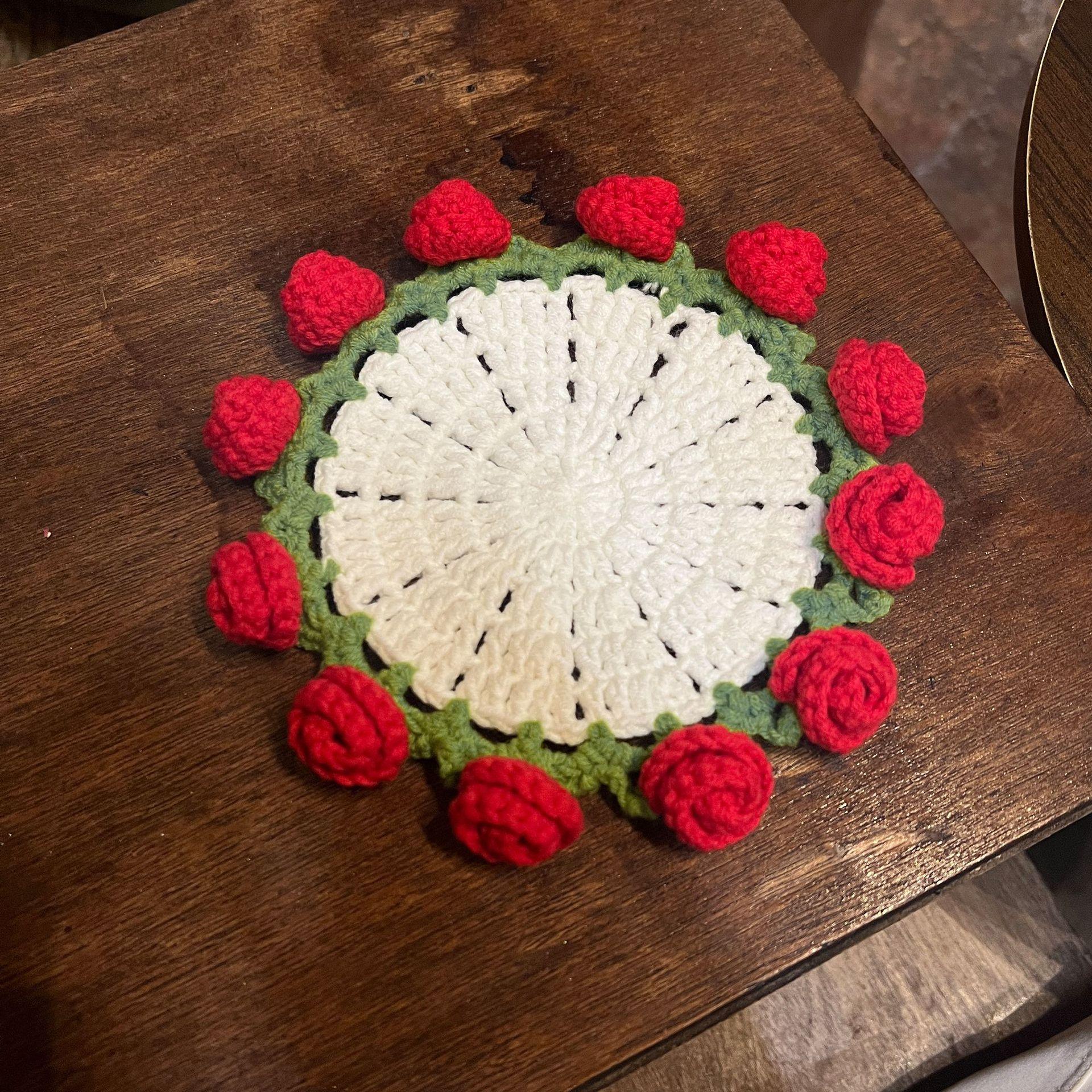 Handmade rose bouquet coasters, yarn crocheted cup holders transformed into handheld bouquets