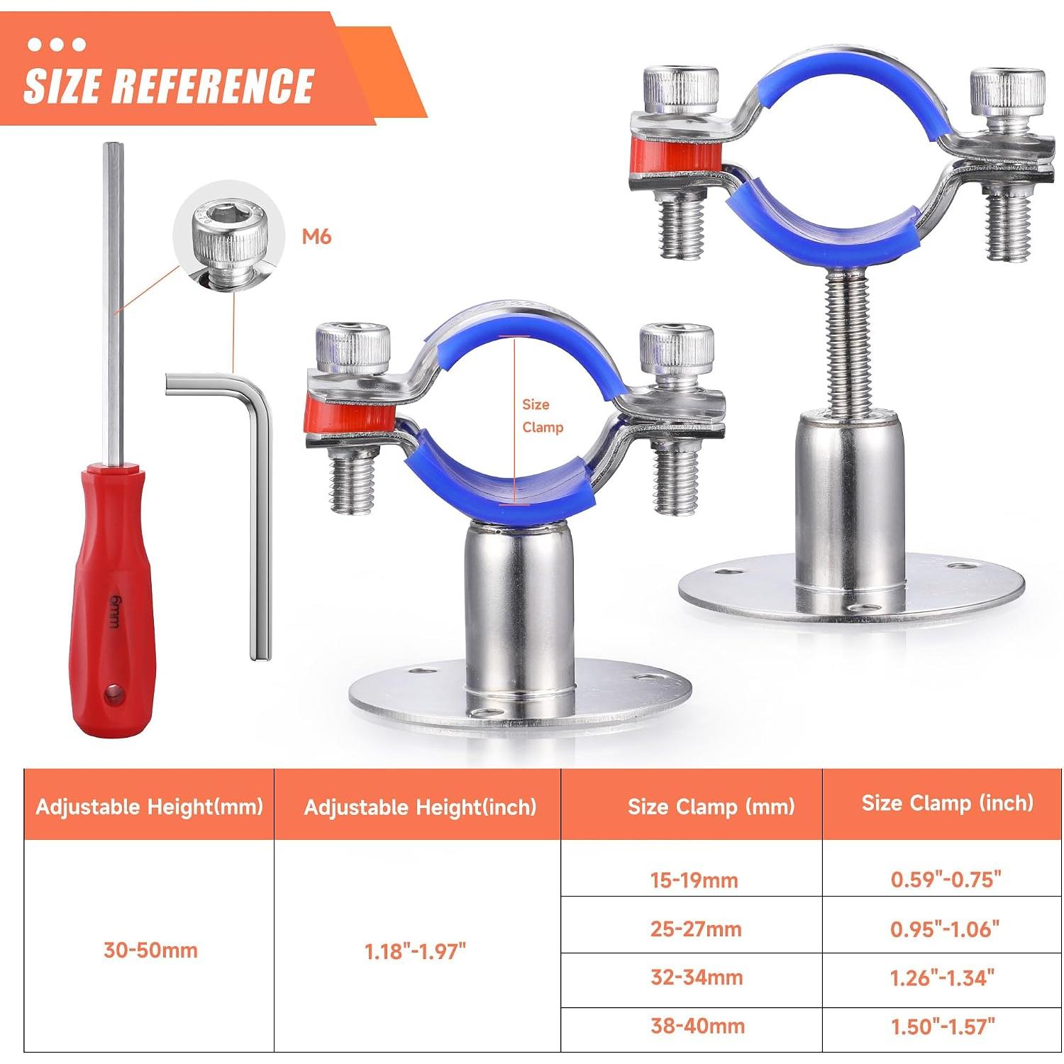6 count 304 Stainless Steel Wall Mount Ceiling Mount Pipe Supports,Suitable for OD Pipe 15-19mm,Adjustable Height 30-50mm,Adjustable Pipe Strap Clamp with Screws