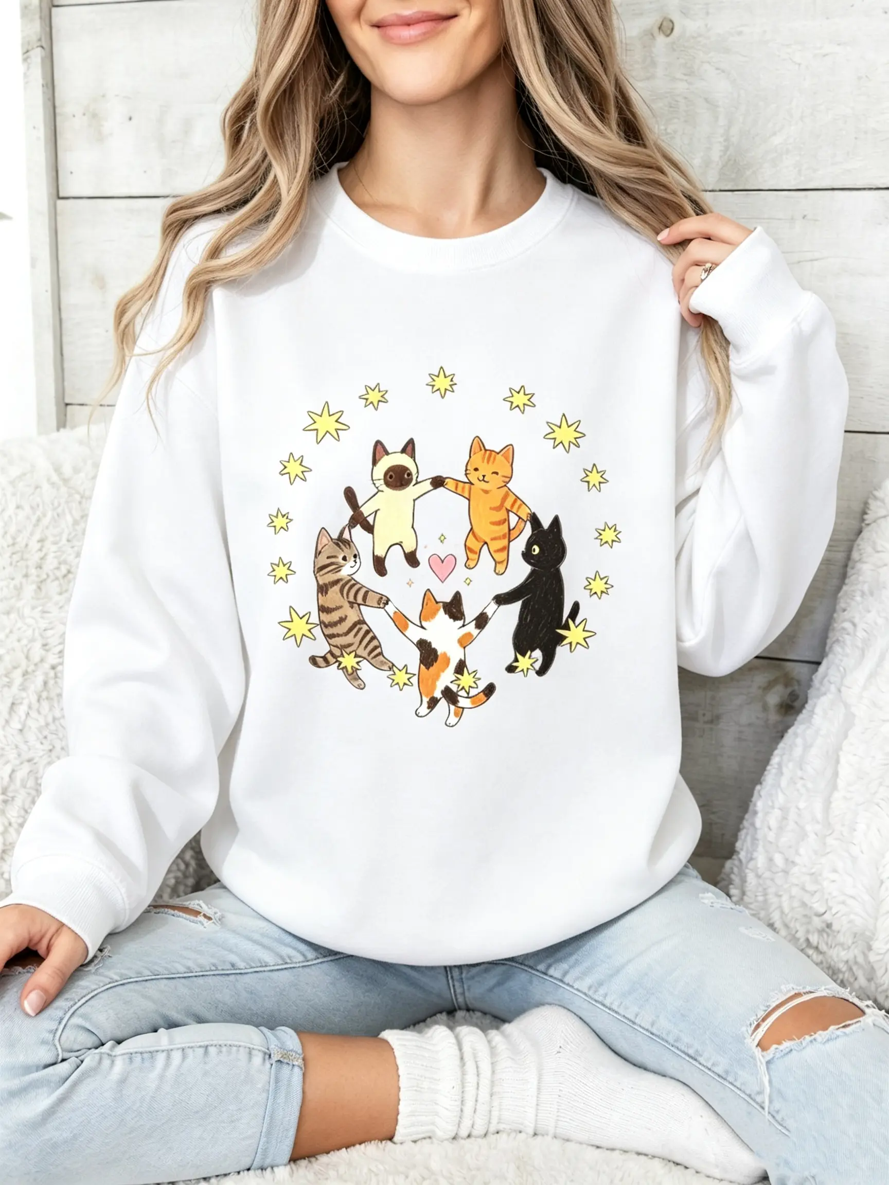 Cat Lover Sweatshirt for Women, Cute Cat Graphic Crewneck, Aesthetic Animal Sweatshirt, Cozy Fall Winter Casual Pullover
