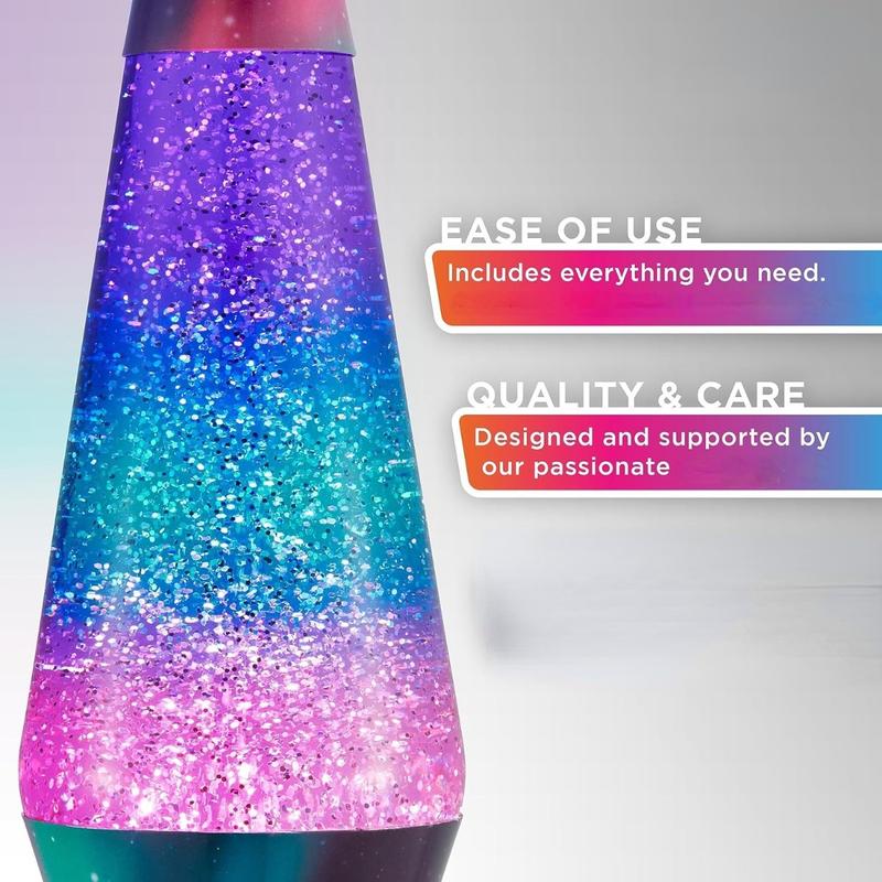 Glitter Motion Lamp, Silver Glitter, Multicolor Base and Globe, For a Coffee Table, Bookshelf, or Desk, 14.5"