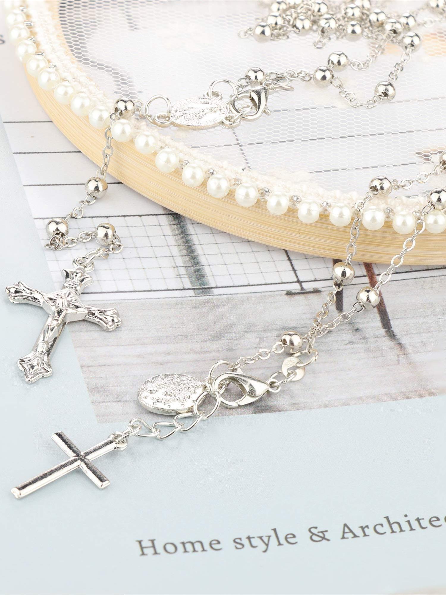 2 Pcs Silvery Unique Catholic Rosary Devotional Set for Women Men Elegant Rosary Necklace Bracelet with Miraculous Medal Cross Sacred Jewelry Gift for Baptism Confirmation Faithful Loved Ones