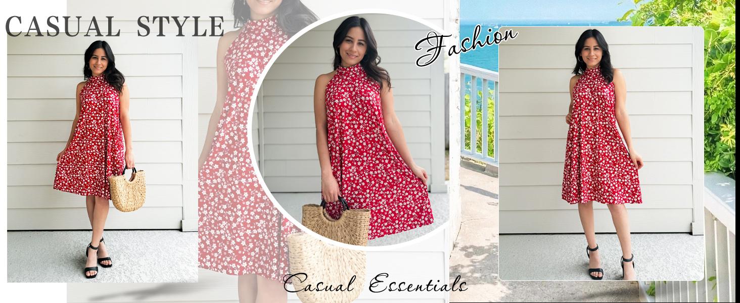 AUSELILY Women's Summer Dress Sleeveless Halter Neck Beach Dress Casual Sundresses with Pockets