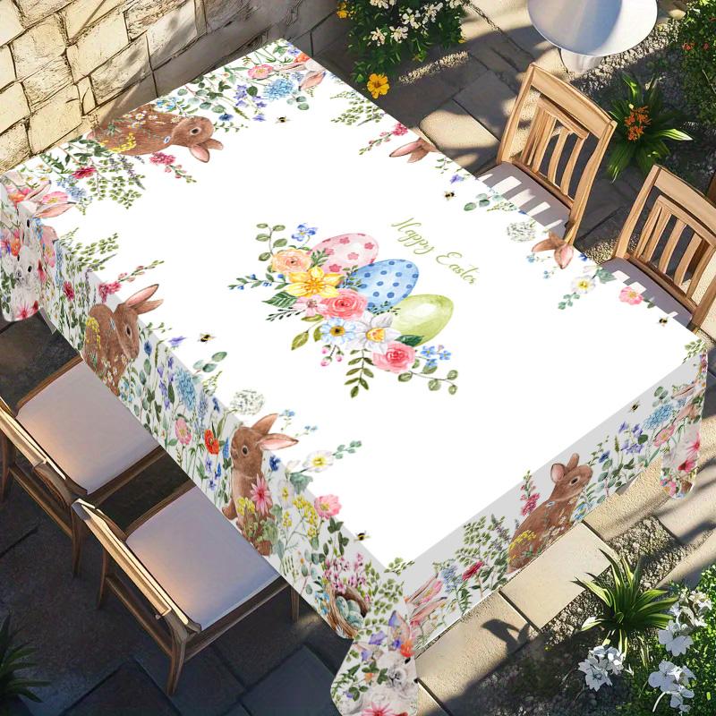 Rectangular Easter Tablecloth, Cartoon Rabbit & Egg Design, Spring/summer Floral Pattern, Perfect for Holiday/easter Decorations