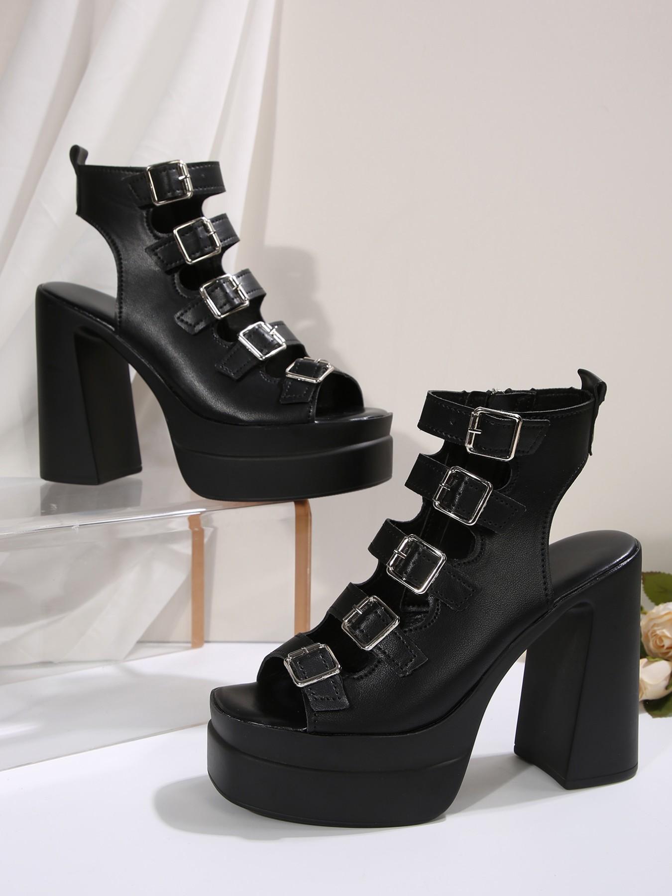 Women Punk Style High Heel Sandals, Multi Buckle Hollow Out, Waterproof Platform Rubber, Three Colors Available, Stage Party Shoes, Fashionable Platform Sandals