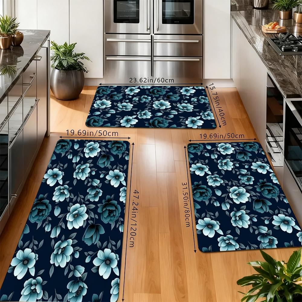 Blue Floral Kitchen Mat, Watercolor Rose Flower Non-Slip Washable Floor Mats, Aesthetic Botanical Runner Rugs for Kitchen, Living Room & Home Decor