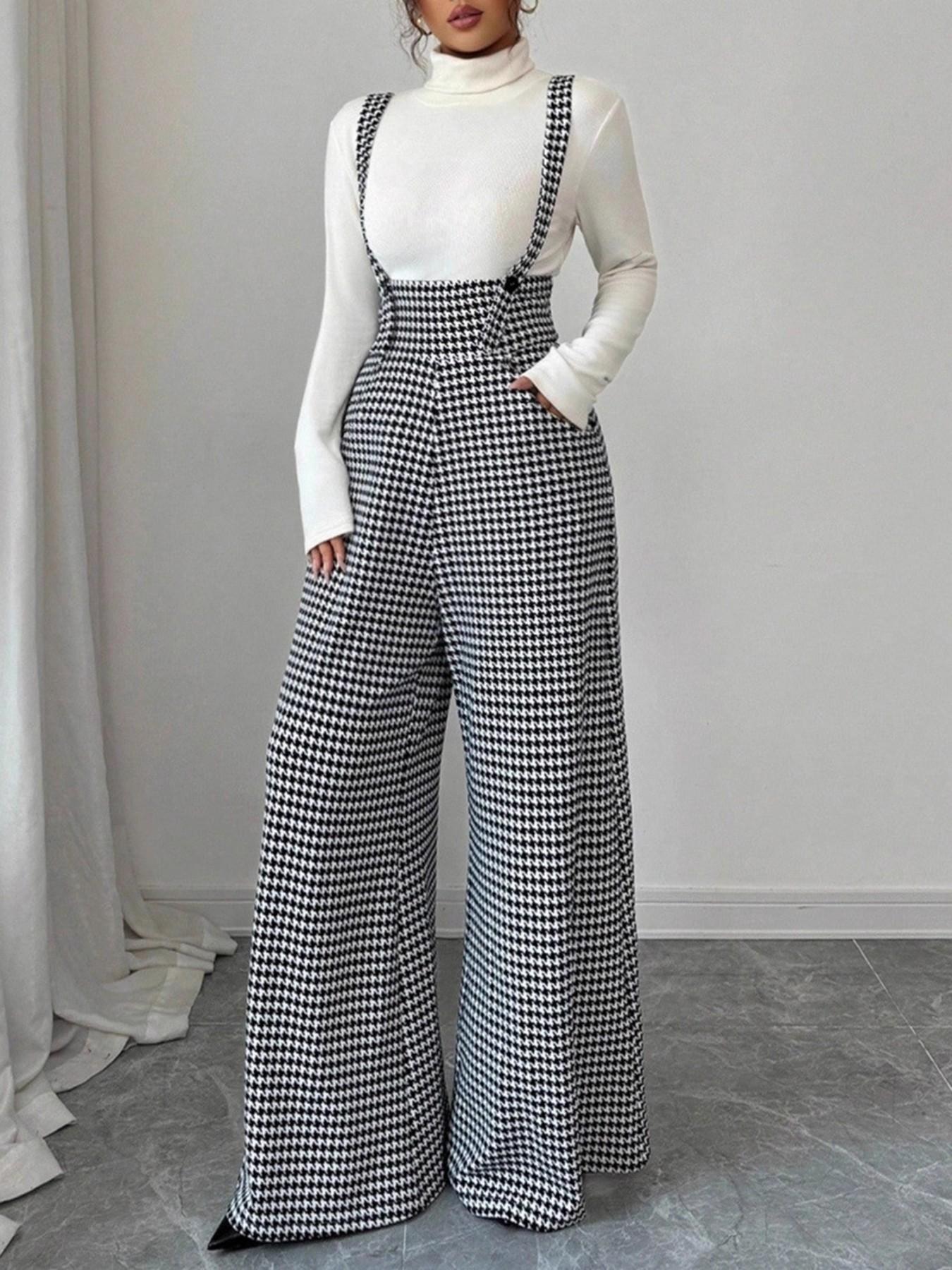 Women's Elegant Plaid Fitted Adjustable Buckle Belted Pants, Stylish Ladies' Everyday Casual Wear, Comfortable and Trendy Design