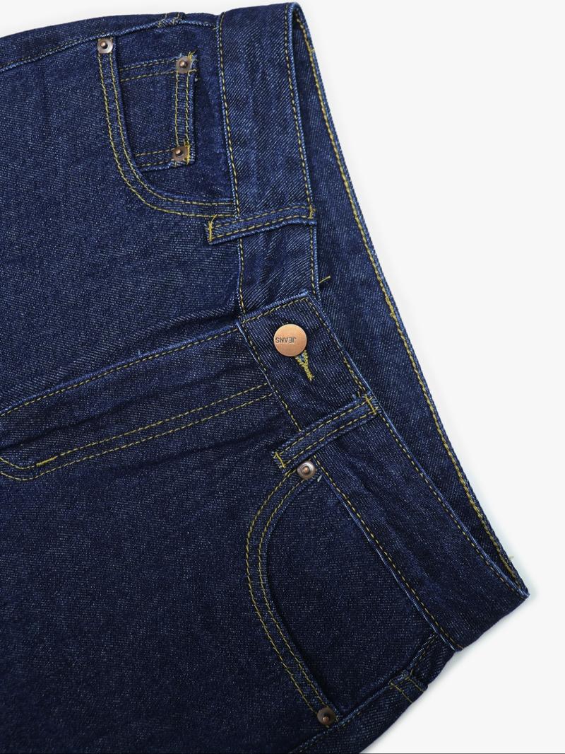 Women's Solid Color Denim Jeans Deep Blue Washed Mid-Waist Straight Leg Pocket Pants, Casual Fashion Daily Wear & Gift Idea