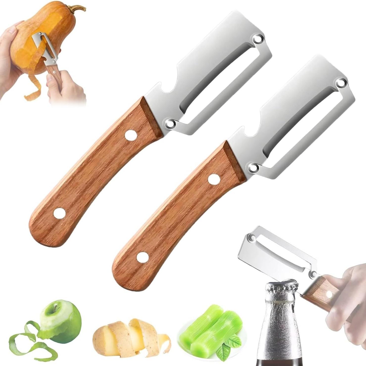 Two-In-One Kitchen Peeler with Wooden Handle and Bottle Opener, Comfortable Non-Slip Stainless Steel Blade, Easy to Clean, 2 Pieces Set
