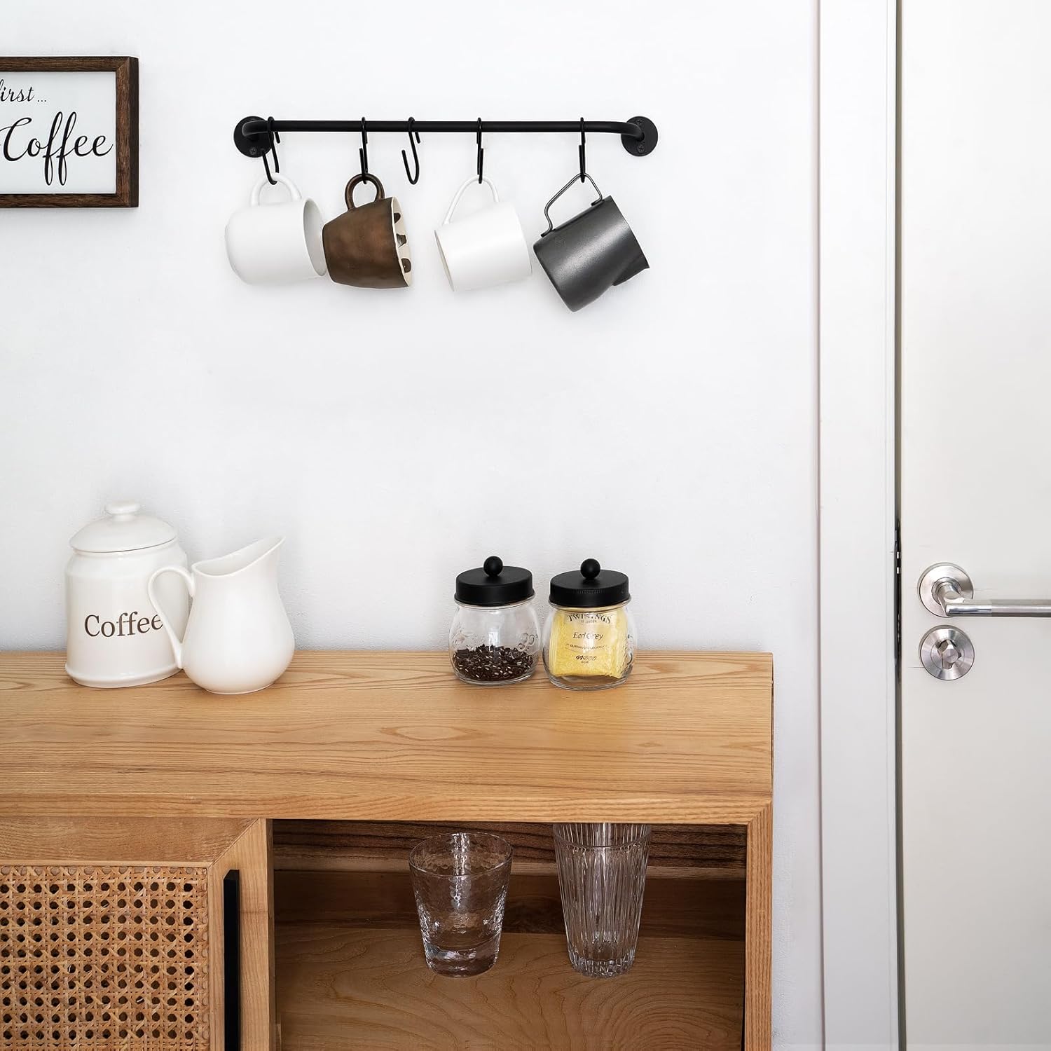 Modern Functional Wall Mounted Mug Holder - 5-Hook Coffee Cup Hanger Rack (1 Pack), Durable Metal Kitchen Rod, Space Saver Mug Storage, Easy Assembly, Wall & Under Cabinet Organizer for Kitchen Use