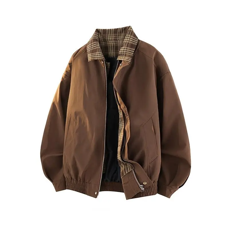 Men's Spring And Autumn Vintage Plaid Fake Two-Piece Brown Jacket, Workwear Lapel Coat, Spliced Flight Baseball Uniform, Suitable For Men's Daily And Outdoor Wear, Men's Lapel Collar Sleeveless Sports Long Sleeve Jacket