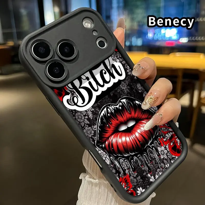 Phone case for iPhone 18 17 Pro Max 16 Plus 15 14 13 12 11 Air E Red lip Full Body Protection Shockproof Soft Silicone Cover
