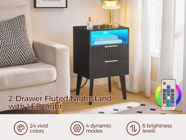 MAHANCRIS End Table, Fluted Nightstand with Charging Station and LED Lights, Modern Side Table with 2 Drawers and 1 Open Compartment, for Living Room, Bedroom, Study, Office, Black