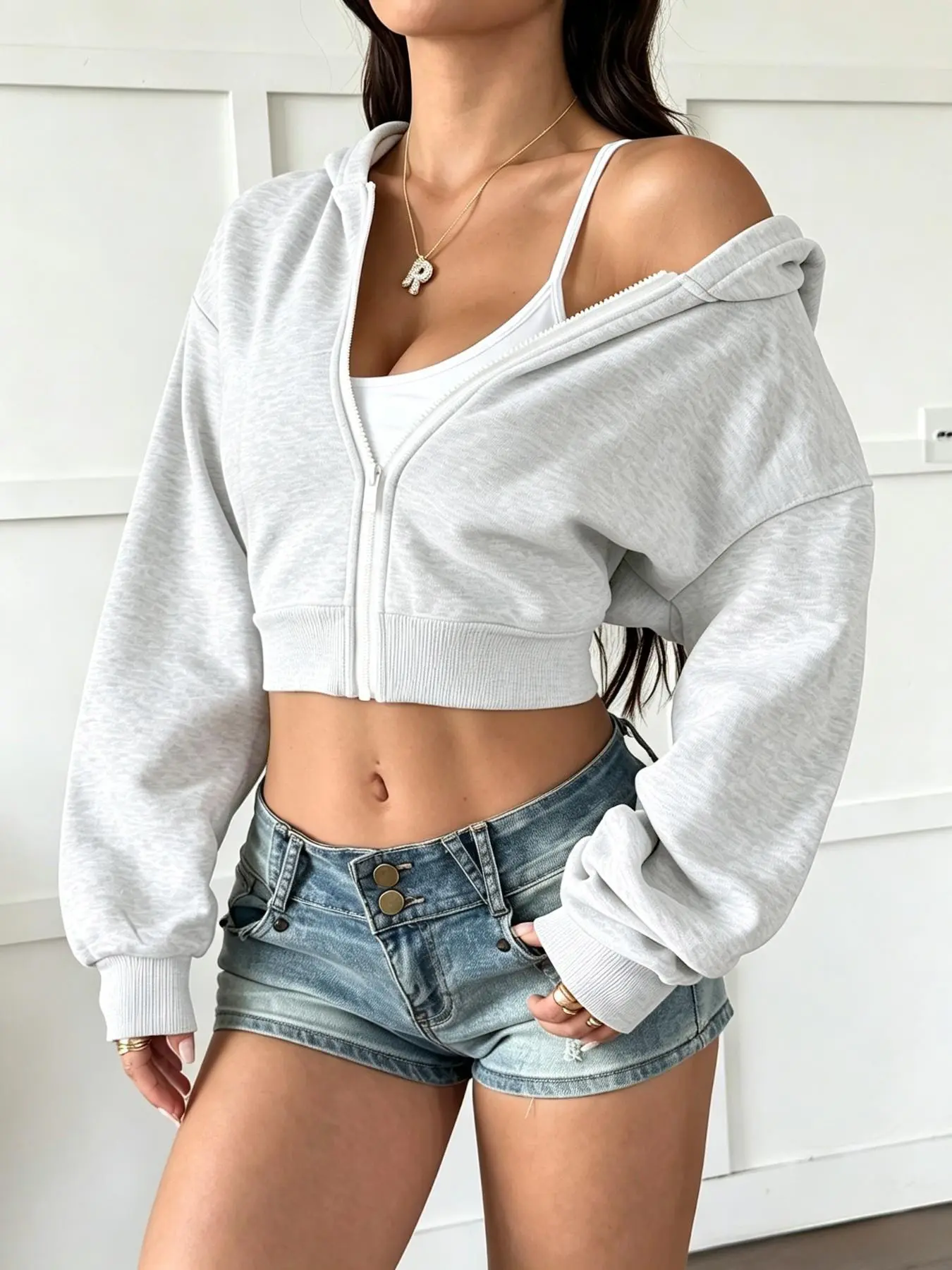 Y2K Street Sexy Long Sleeve Solid Color Grey Casual Crop Hoodie Zip-Up Sweatshirt With Pocket
