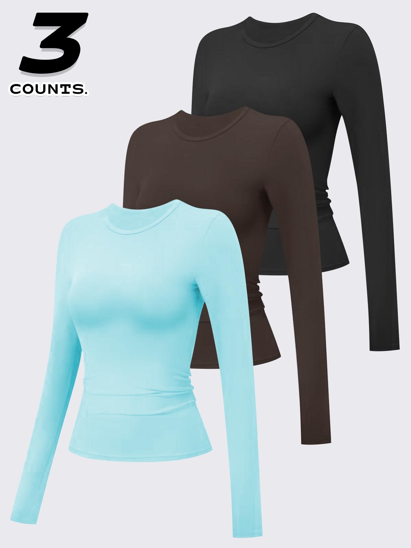 3 Pcs Sporty Long Sleeve Shirts, High Elasticity Waist Slimming Quick-Dry Breathable Fabric, Ideal for Running Gym Travel Home Wear, Athletic Fashion Activewear