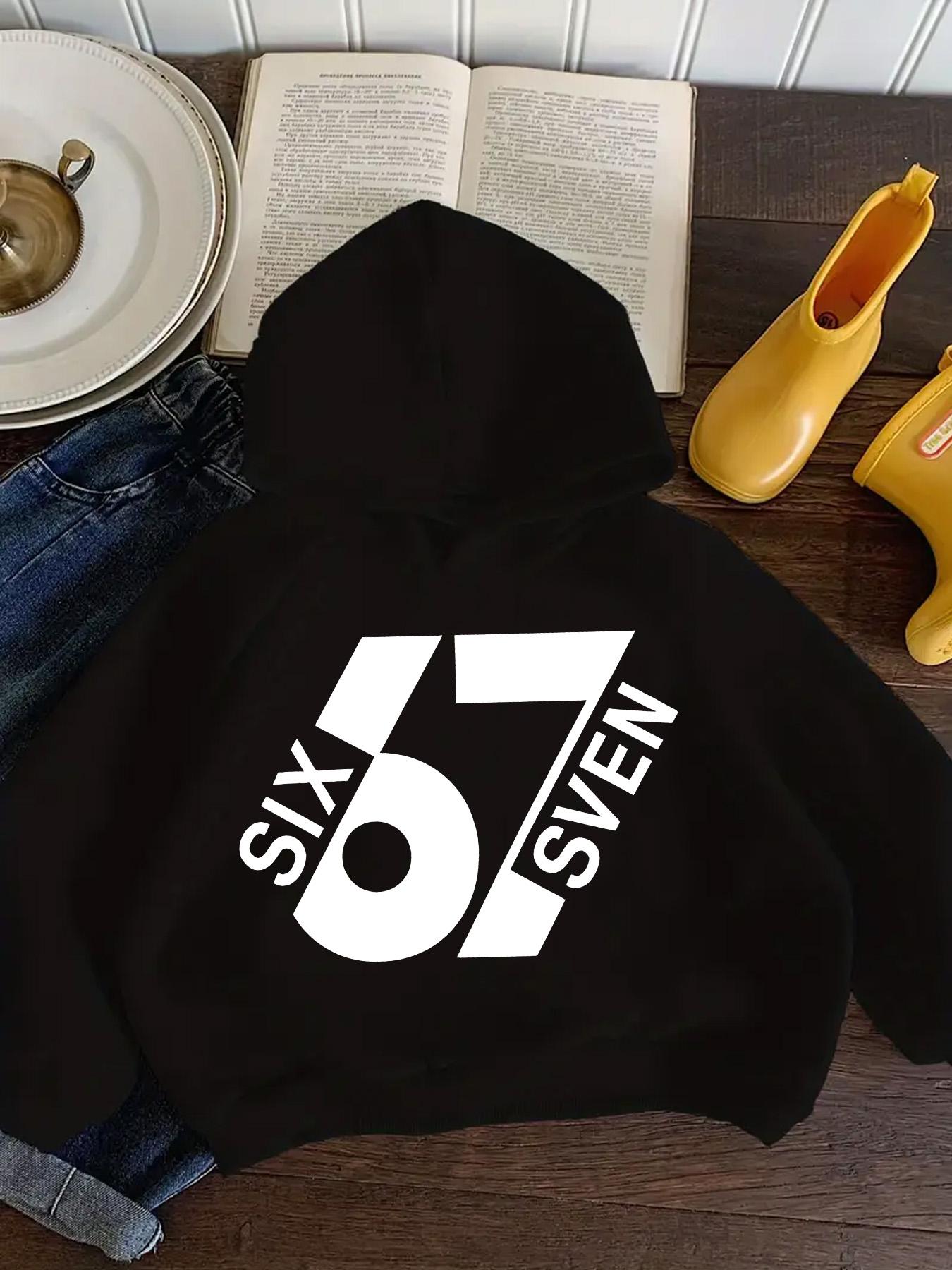 Boys' Spring & Fall Casual Hooded Long Sleeve Sweatshirt, Six Seven Series 67 Pattern Print, Comfortable Fitted Pullover, Perfect Gift, Graphic Hoodies
