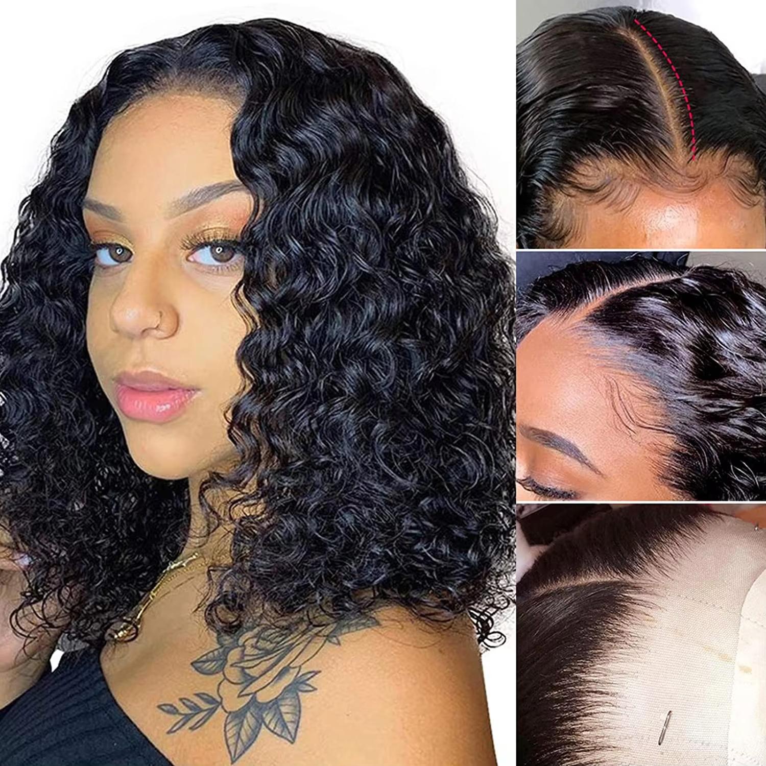 Bling Hair 16 18 Inch Short Curly Wigs Pre Plucked 13x4 Transparent Lace Frontal Wig 180% Density Remy Human Hair for Women Natural Hairline