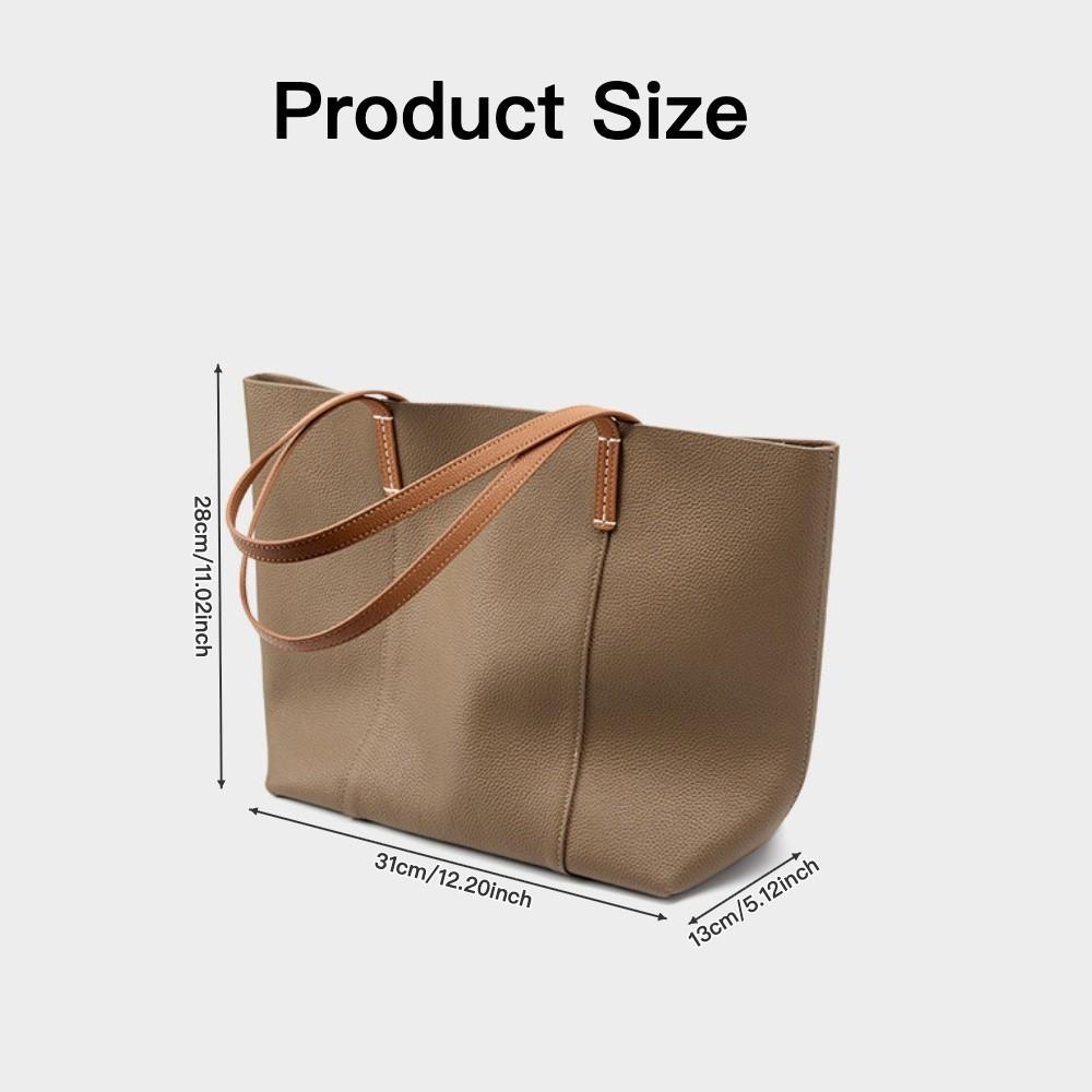 1pc Cowhide Leather Handmade Tote Bag, Spacious Commuter Handbag for Office Ladies, Stylish Daily Single Shoulder Bag with Inner Pouch.