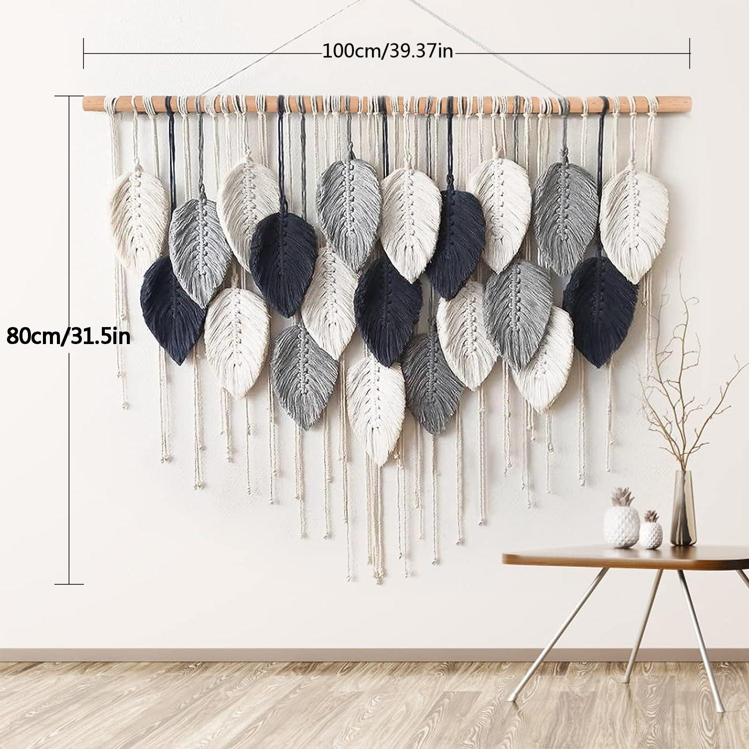 Large Handmade Leaf Fringe Wall Hangings, Bohemian Style Macrame Wall Decor, Wooden Stick Wall Art, Bed Headboard Decoration, Above Bed Wall Decor