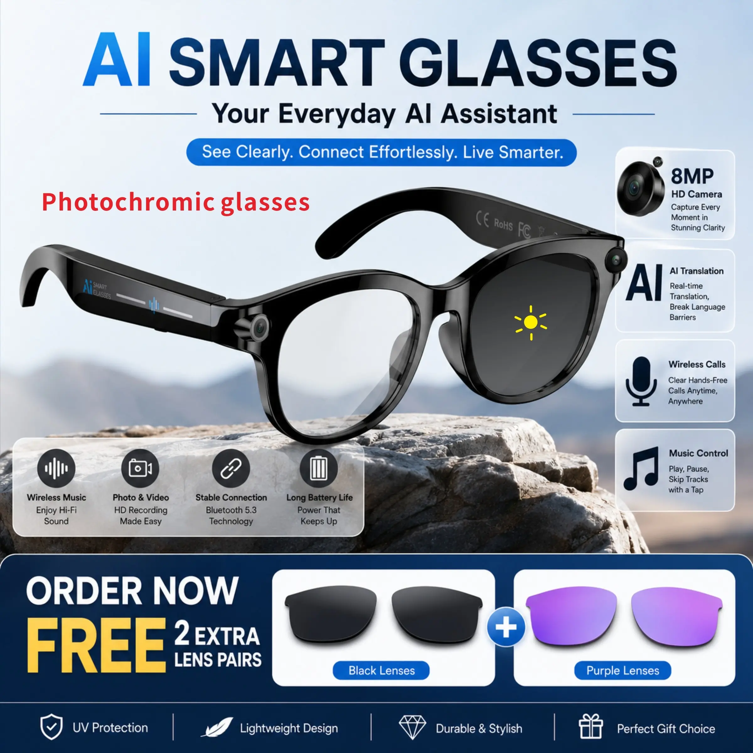 2026 AI glasses camera 8MP high-definition recording glasses, Multifunctional smart glasses, customized photochromic lenses, with audio, multilingual translation, wireless calling and music, AI object recognition, touch, outdoor wearable camera glasses