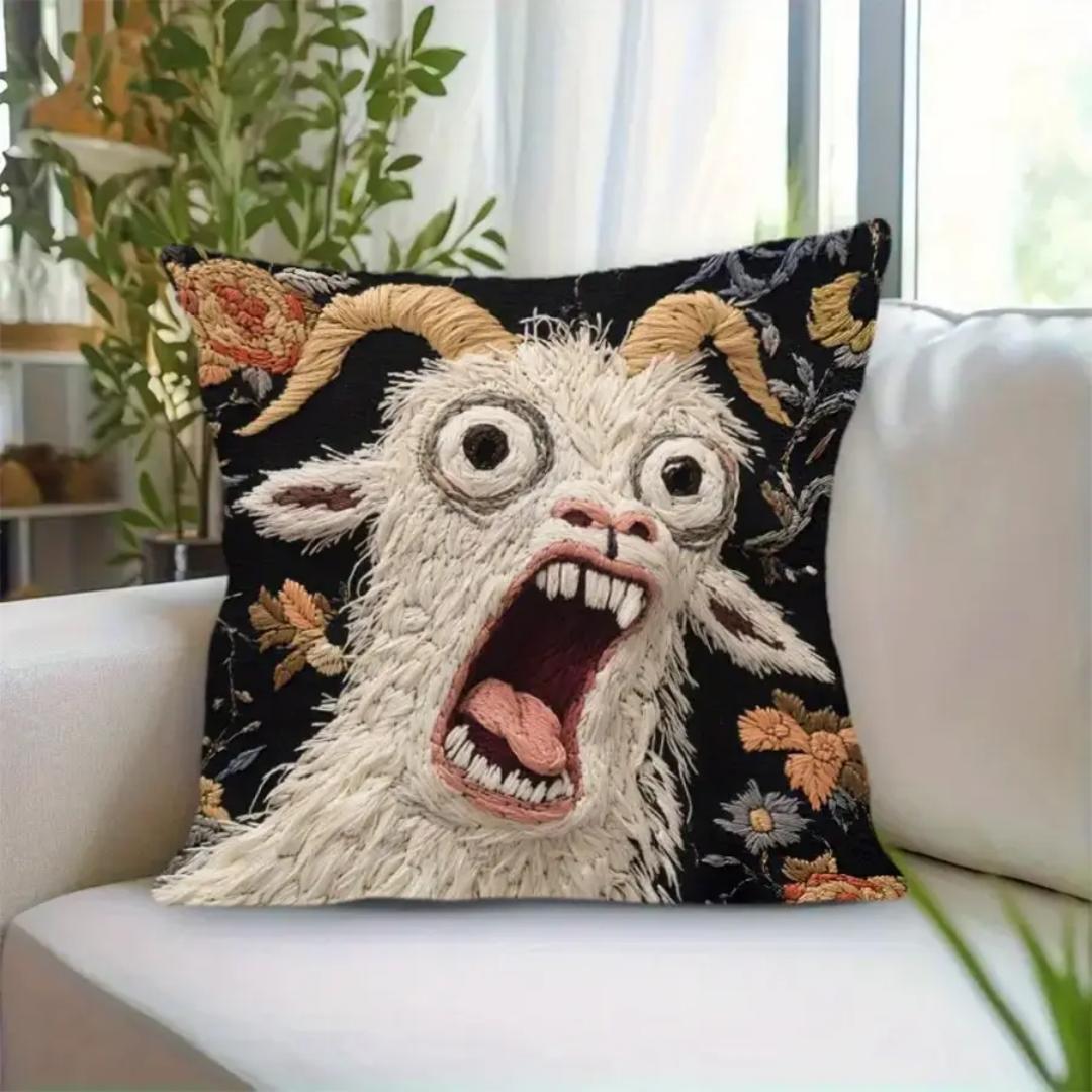 Funny Screaming Goat Embroidered Throw Pillow, Vintage Floral Black Background Decorative Cushion, Viral TikTok Home Decor, Cute Animal Pillow for Couch, Bed, Office Chair